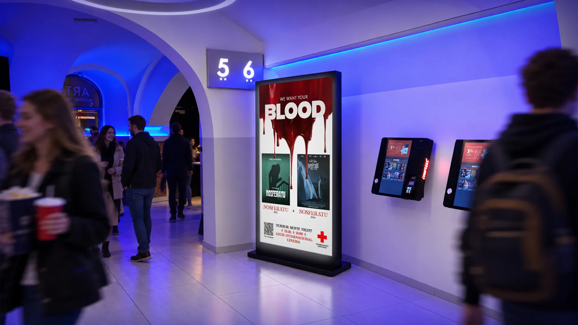 Plakat „WE WANT YOUR BLOOD“ im Foyer des Artis International Cinema