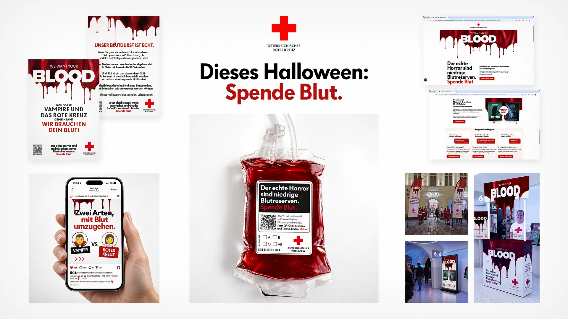 Kampagnenübersicht mit Plakaten, Social-Media-Posts, Blood Bag und Eventfotos