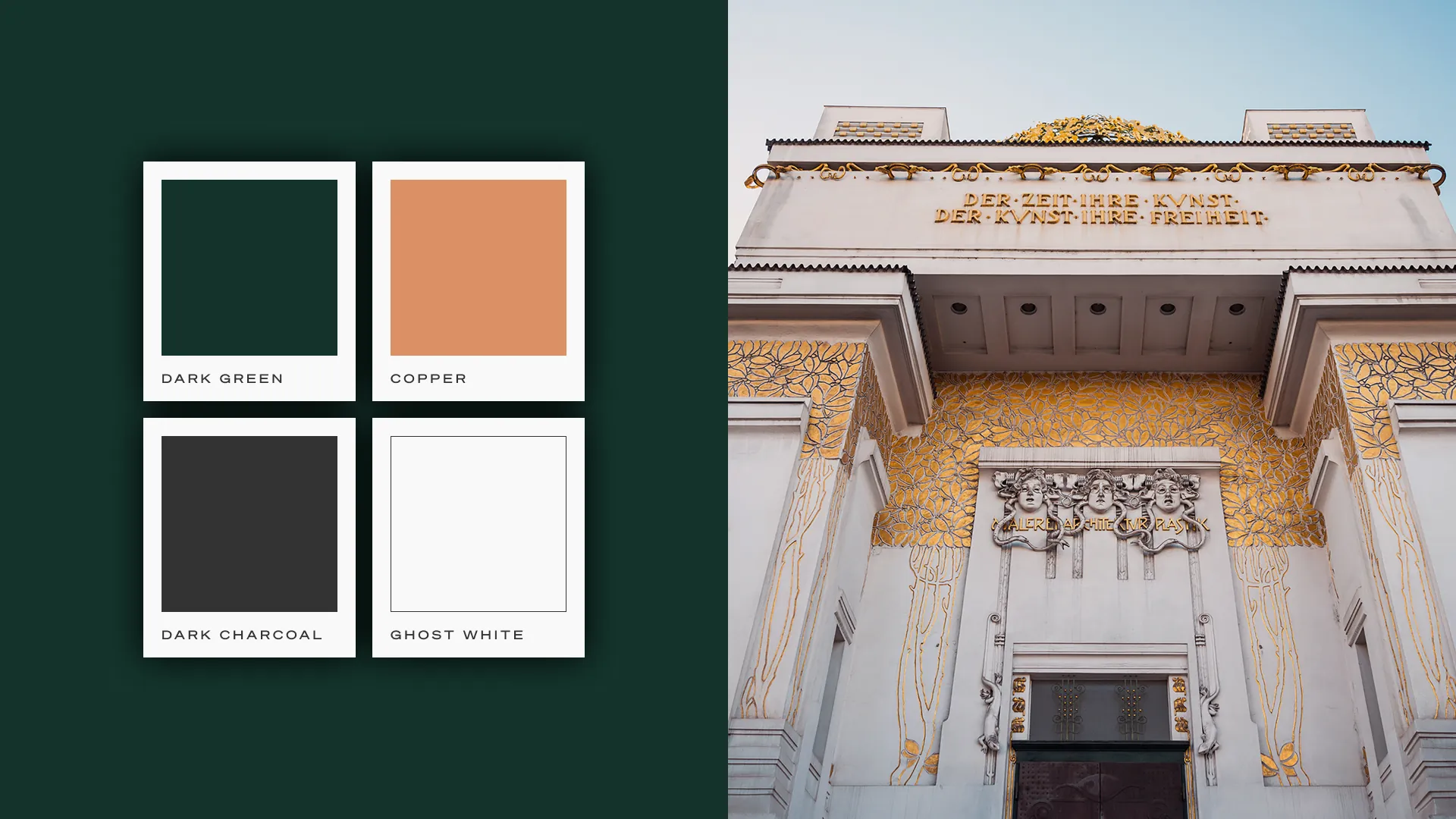 tailax Farbwelt mit Dark Green, Copper, Dark Charcoal und Ghost White neben der Wiener Secession