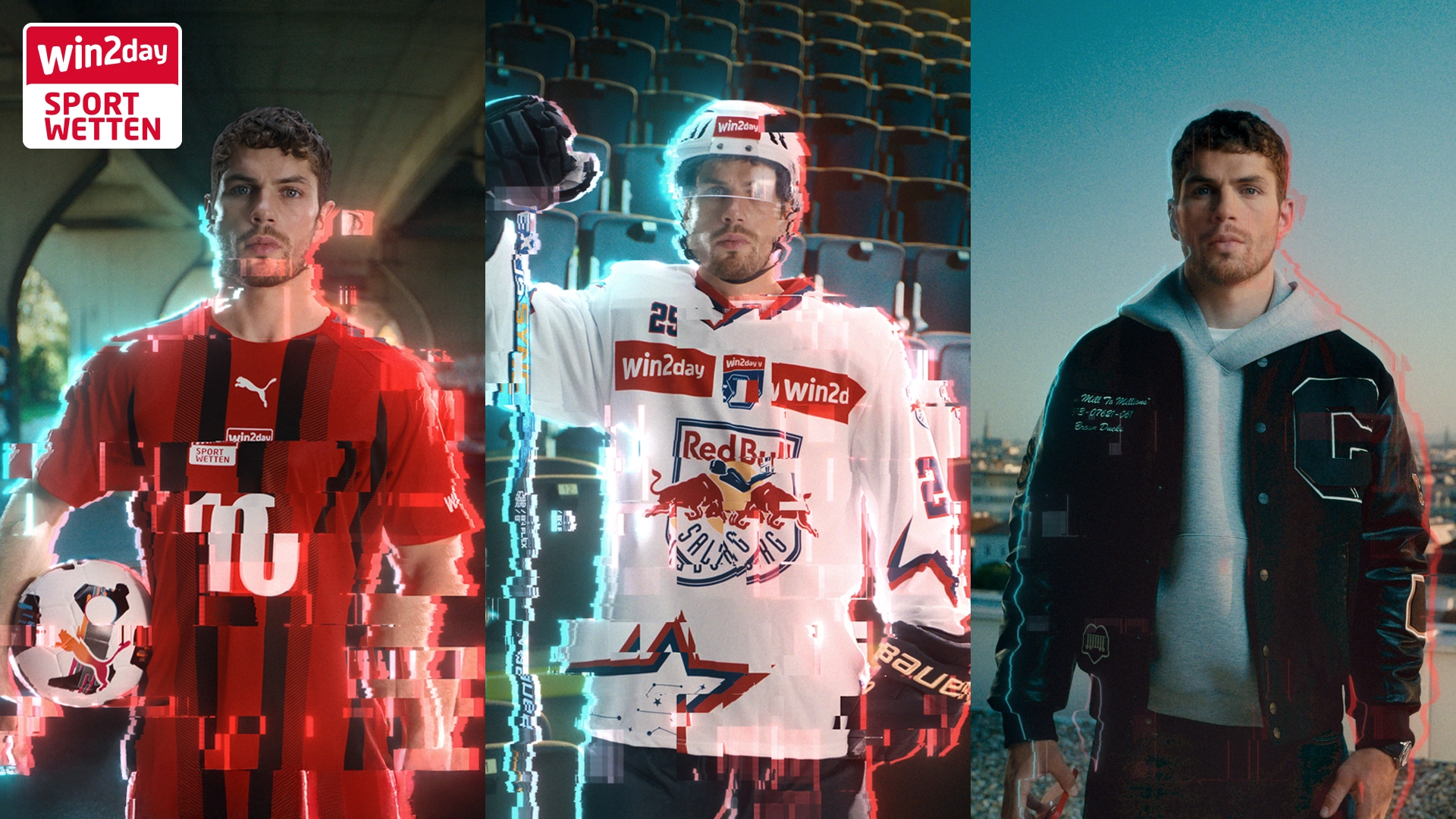 Drei nebeneinanderstehende Männer in verschiedenen Sport- und Freizeit-Outfits, teils mit digitalem Glitch-Effekt dargestellt. Links trägt ein Fußballspieler im roten Trikot mit Ball, in der Mitte ein Eishockeyspieler im weißen Red-Bull-Salzburg-Trikot mit Helm und Schläger, rechts eine Person in Freizeitkleidung mit Hoodie und schwarzer College-Jacke. Oben links ist das rot-weiße Logo von ‚win2day Sportwetten‘ eingeblendet.